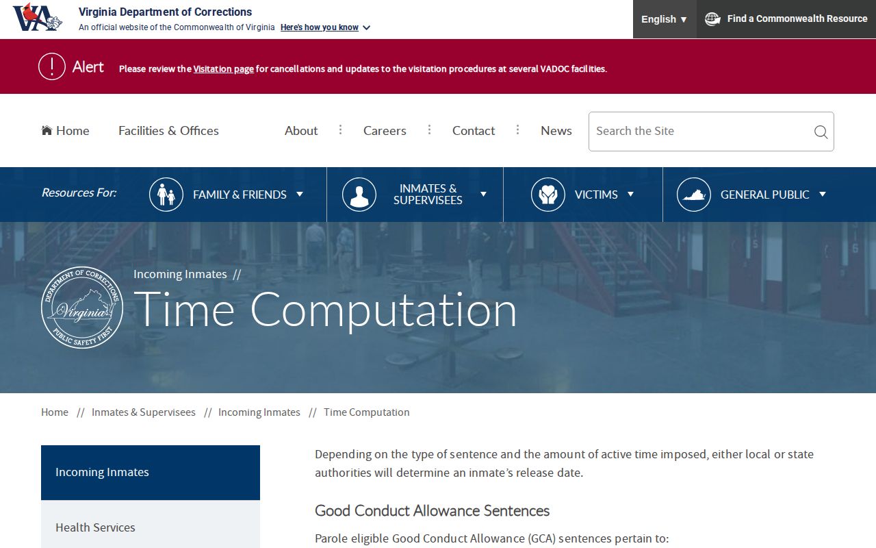 Virginia Department of Corrections time computation page explaining sentence credit systems