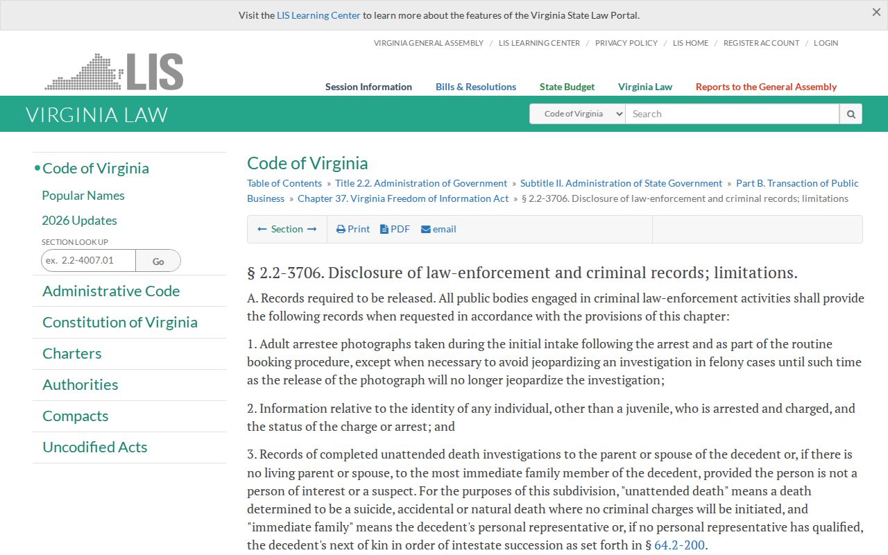 Virginia Code section 2.2-3706 booking-photograph disclosure provisions