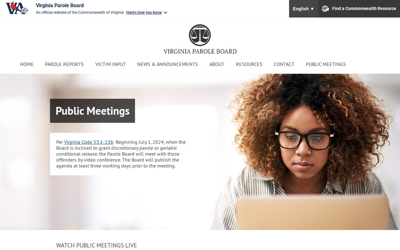 Virginia Parole Board public meetings calendar for parole proceedings